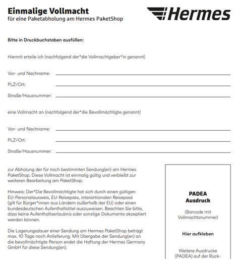 hermes vollmacht zum abrufen